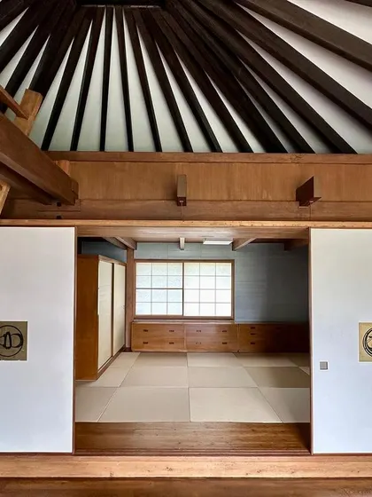 The interior of Kazuo Shinohara's Umbrella House, reconstructed at the Vitra Campus. It is a masterpiece of Japanese residential design, blending traditional motifs with a modern spatial sensibility.