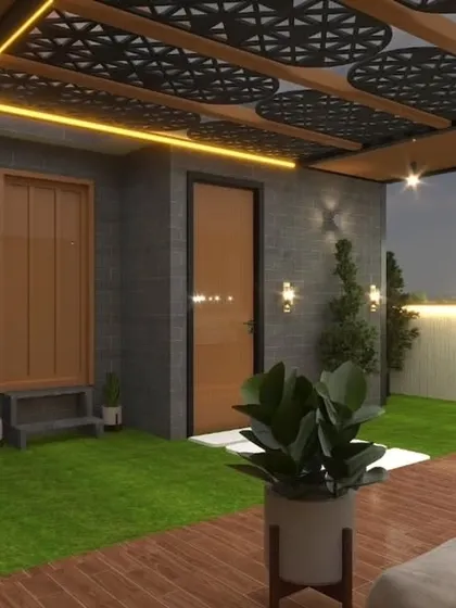 A proposed terrace design featuring a modern water feature against a dark stone wall. The layout includes a wooden deck and artificial grass, with the city lights in the background.