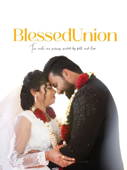 'Blessed Union'. A beautiful portrait of the couple, combining the bride's white veil with traditional flower garlands.