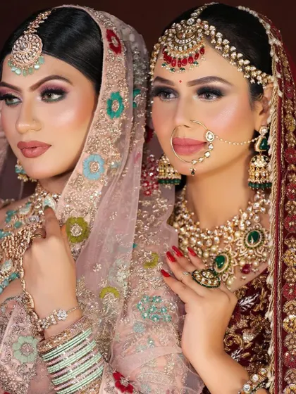 Another angle capturing the artistry of two different bridal makeovers. We customize each look to suit the bride's outfit, jewelry, and personal style.