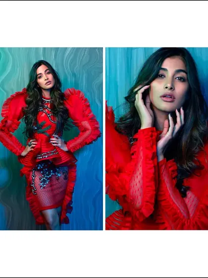 Fashion and color in motion. This editorial diptych with Pooja Hegde uses a vibrant red dress against a cool, textured background to create a dynamic and visually striking fashion story.