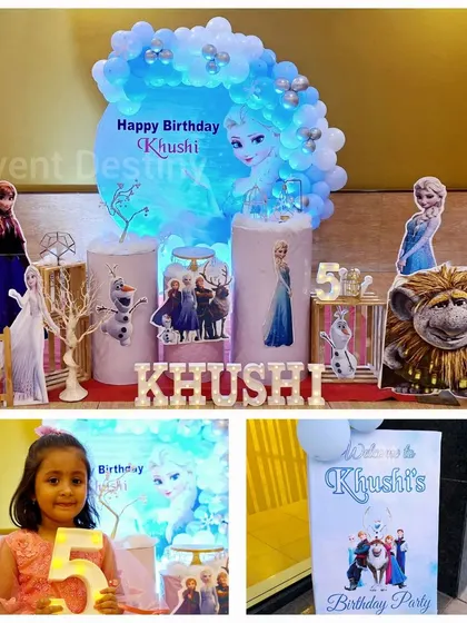 A collage showcasing a complete Frozen-themed birthday party package. It includes the main decor, a custom welcome sign, and a happy birthday girl holding a light-up number five.