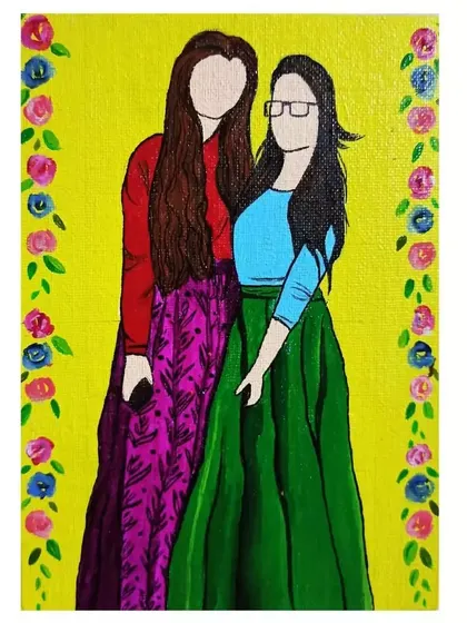 A custom illustration for a client, capturing a friendship in my faceless portrait style. The bright background and floral border were chosen to match their personalities.