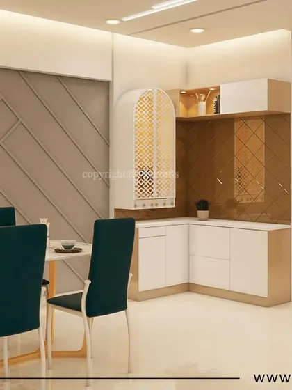 The dining area in the 'Konark Oasis' home, featuring a compact dining set and an elegant, arched pooja unit with intricate jali work, seamlessly integrated into the space.