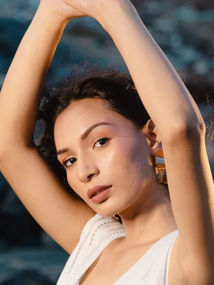 A close-up portrait from the natural look shoot. You can see the skin's texture, proving that the look is truly fresh and minimal.