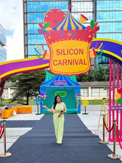 Welcoming guests to the vibrant and colorful Google Silicon Carnival. I love bringing a fun, high-energy vibe to tech festivals and large-scale public celebrations.