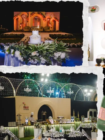 A collage capturing the essence of a beautiful engagement party we managed. It showcases the grand stage, the elegant bar and catering setup, and the overall celebratory atmosphere.