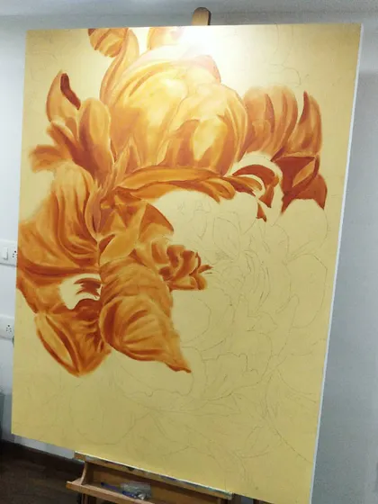 The underpainting for a large floral piece is in progress. This monochromatic layer helps me define the shapes and shadows of the petals before I begin adding color.