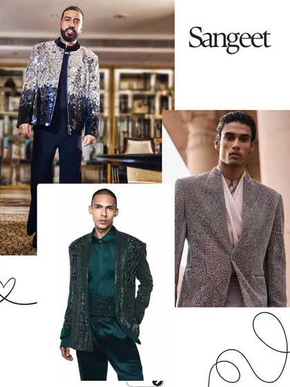 More inspiration for your Sangeet night. Consider a statement sequin jacket for a touch of glamour, a textured grey bandhgala for a subtle yet sophisticated look, or an emerald green silk ensemble for a pop of color.