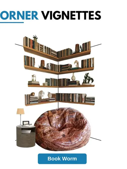 A perfect corner for a "Book Worm". We use floating corner shelves for book storage, paired with a comfortable bean bag and a small side table to create an inviting reading nook.
