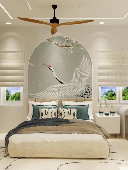 A minimalist bedroom design featuring a serene color palette and a stunning arched mural of a crane, creating a peaceful and artistic focal point.