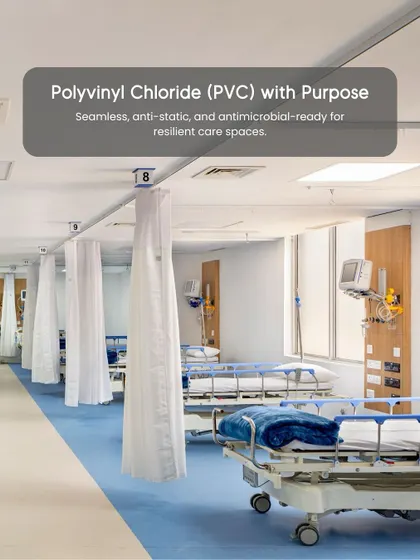 This image highlights the use of Polyvinyl Chloride (PVC) flooring in a patient ward. This material is chosen for its seamless, anti-static, and antimicrobial-ready properties, making it ideal for creating resilient and hygienic care spaces.