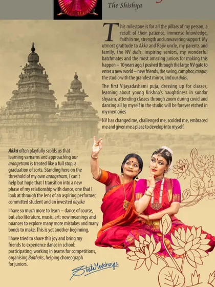 Stuti Mukherjee's personal note in her arangetram brochure, expressing her gratitude and reflecting on her 10-year journey with me at Natya Vriksha.