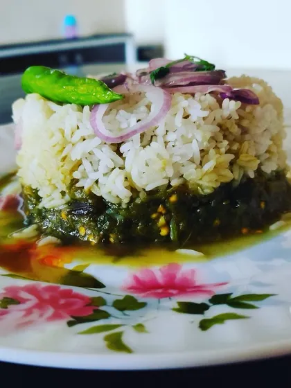 An elegantly plated serving of Palak Saag with rice, showcasing a simple, healthy, and flavourful meal.