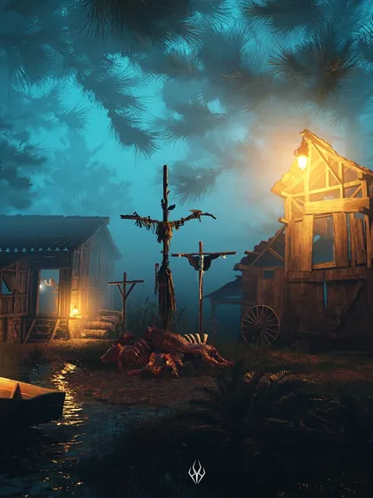 This piece shows a remote, swampy settlement on Flicker Island. I focused on environmental details like the dilapidated shacks, ritualistic scarecrows, and murky water to build a lived-in yet deeply unsettling location within the larger world.