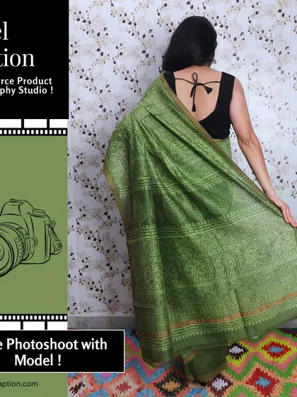 A model showcasing the back of a green printed saree. This view is important for customers to see the full pattern and the blouse design.