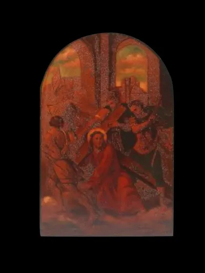 Another powerful scene from the 'Way of the Cross' set. The aged patina on the tin sheets adds to the historical gravity of these mid-19th century artworks.