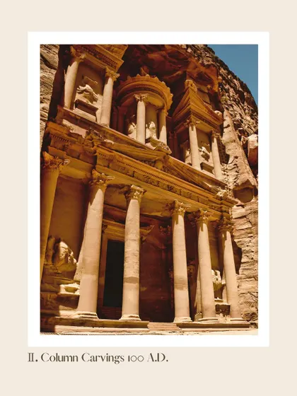 An inspiration board featuring the iconic facade of Al-Khazneh (The Treasury) in Petra, Jordan. This world wonder inspired the ambition and craftsmanship of our large-scale architectural builds.