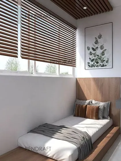 The proposed layout for the converted terrace, featuring a platform bed and a floating desk to create a functional and modern bedroom for a young girl.
