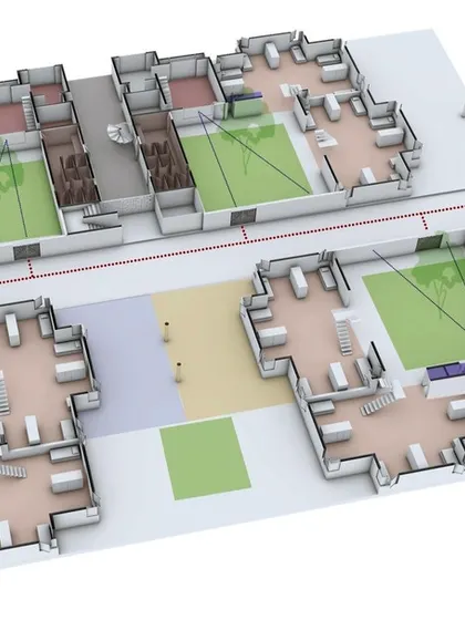 A diagram of the residential wing at Vellore International School, showing how student rooms are clustered around common courtyards with an attached caretaker unit to foster a sense of family.