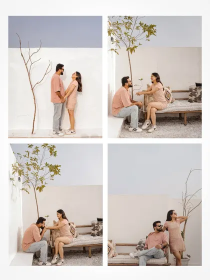 A collage showcasing various playful and romantic poses from a studio pre-wedding shoot.