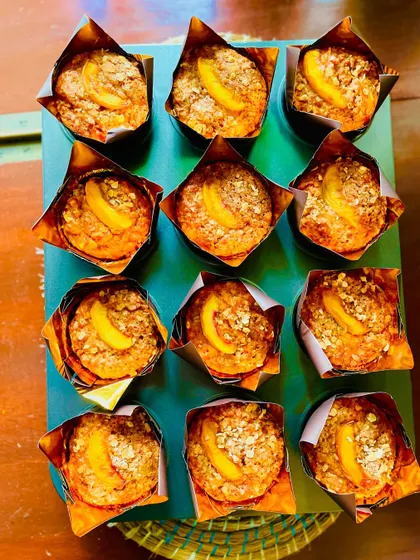 An overhead shot of the spiced peach and carrot muffins. They were a huge rage with the teachers.