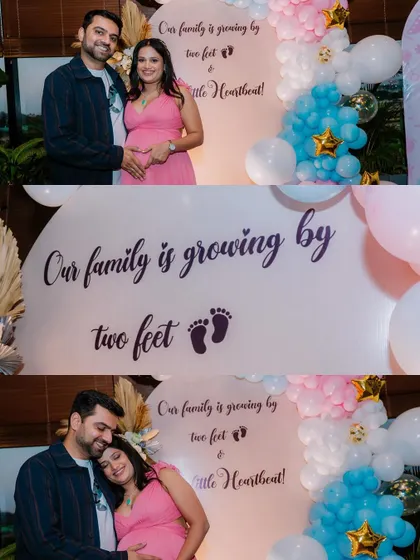 We love capturing the details of a baby shower celebration. This collage shows the happy couple posing with their event decor, which includes a large balloon with the sweet announcement, "Our family is growing by two feet."