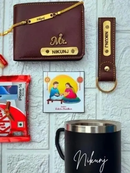 This Rakhi hamper includes a personalized wallet, a matching keychain, a custom mug, a rakhi bracelet, and a KitKat.