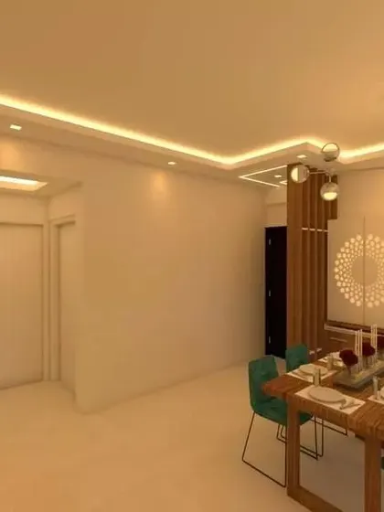 This render shows the dining and living area at United Blossoms, demonstrating how a partition can create distinct zones in an open-plan layout.