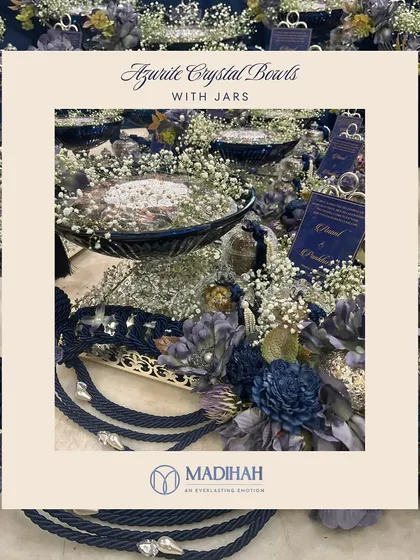 A graphic overlay for the Azure Crystal Bowl Hampers with Jars. This collection is designed to add a touch of timeless crystal luxury to your most special moments.