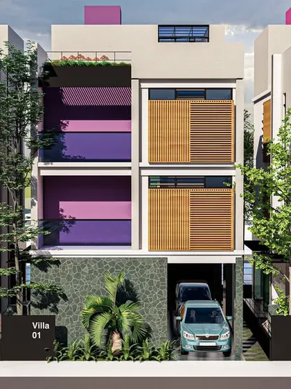 The use of distinct, bold colors for each villa's balcony provides a unique identity for every home, breaking the monotony and creating a vibrant streetscape.