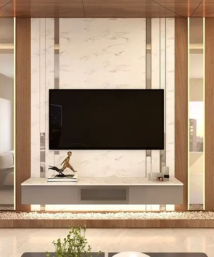 A close-up of the TV feature wall from the 3D render. The backlit diamond panels and serene Buddha statues create a balanced and peaceful entertainment zone.