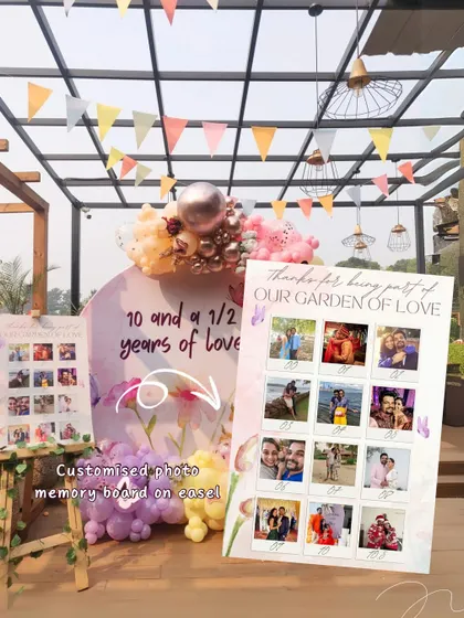 We created custom memory boards on easels to showcase photos from the family's journey. It’s a beautiful way to share their story with guests at their 10th anniversary and baby's half birthday party.