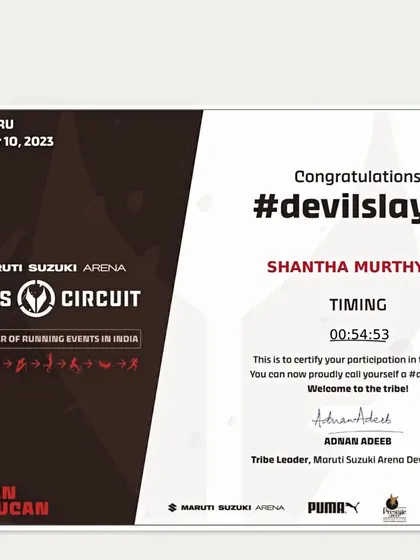 Proud to be a DevilSlayer. This certificate represents the successful completion of a 5km race with 15 challenging obstacles.
