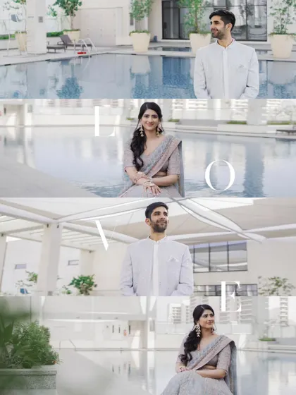 A stylish collage of portraits taken by a modern hotel poolside. The clean lines and bright, airy feel give these photos a contemporary and sophisticated look.