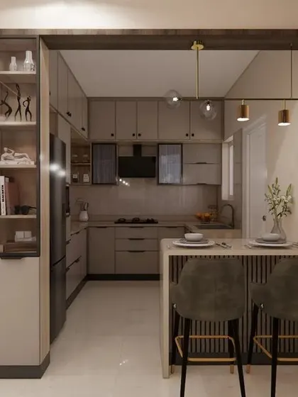 A 3D render of a spacious kitchen with an open layout, featuring a breakfast bar and an adjoining crockery unit. This design is perfect for modern, open-plan homes.
