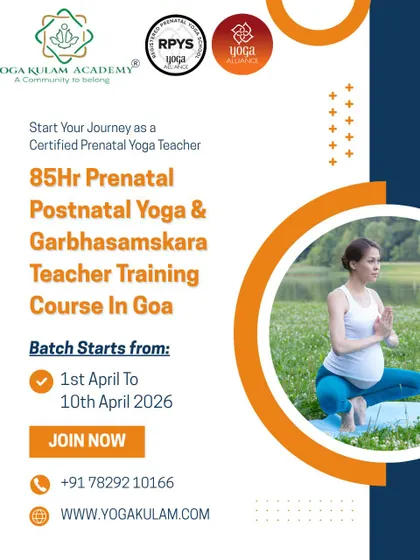 We also offer our 85-hour Prenatal and Postnatal YTTC in Goa. This poster shows a pregnant woman in a modified yoga pose, clearly communicating the course's focus.