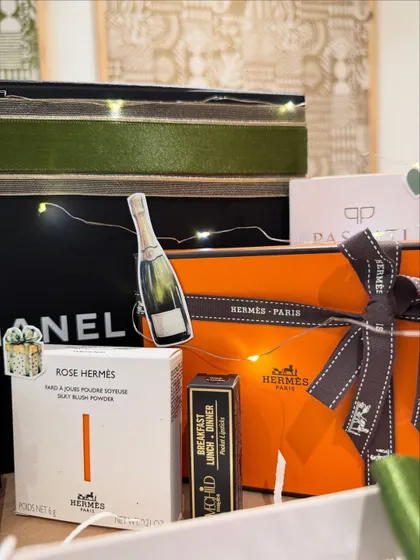 It's all in the details. A glimpse of the handpicked luxury items, including Hermès and Chanel, that made this Roka hamper truly exceptional.