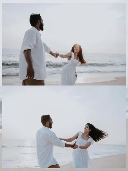 A couple dancing on the beach at sunset. These dynamic and joyful shots are a beautiful way to remember the fun and freedom of your pre-wedding session.
