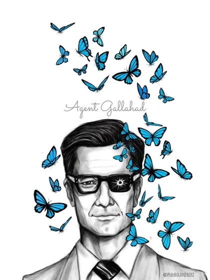 My tribute to Agent Galahad from the Kingsman movies, inspired by his butterfly hallucination. This is the black and white sketch version with only the blue butterflies in color, creating a striking contrast.