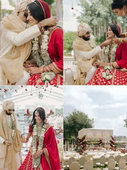 A collage of beautiful moments from Nikita and Rishabh's ceremony, from intimate embraces to the grand pheras and the stunning mandap setup.
