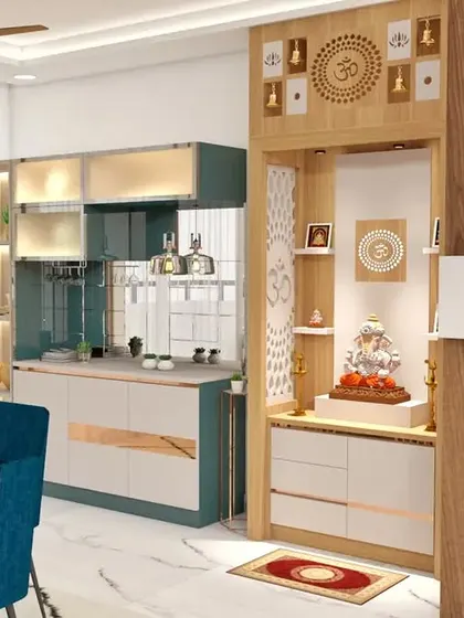 A comprehensive view of a dining area featuring a custom pooja unit and a matching crockery cabinet. The consistent use of wood, white, and backlighting creates a harmonious flow.