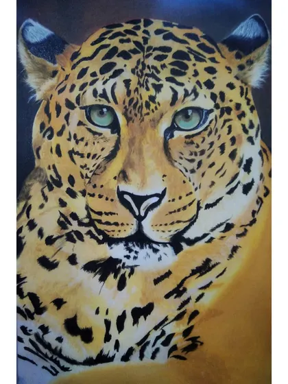 A wildlife painting of a leopard, done in oil colors on canvas. This was my attempt at a hyper-realistic style, focusing on the intense gaze of the eyes and the detailed pattern of the fur.