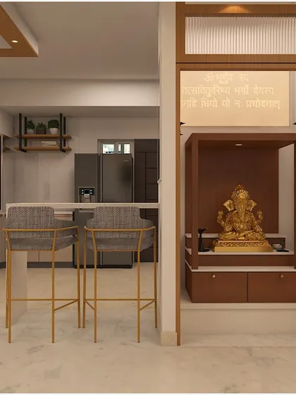 The pooja unit with its doors open, revealing the beautifully lit Ganesha idol and storage drawers below.
