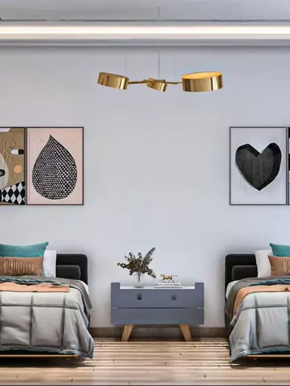 A modern and clean shared bedroom with two single beds and playful animal-themed artwork. The neutral color palette with pops of color makes it a versatile space that appeals to different tastes.