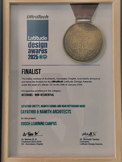 Our finalist certificate for the UltraTech Latitude Design Awards 2025. This award for the Bosch Learning Campus in the non-residential interiors category recognizes our dedication to creating excellent and innovative workspaces.