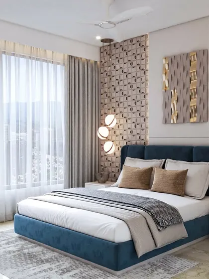 Another view of the Oberoi Sky City master bedroom render, showcasing the elegant wallpaper, blue upholstered bed, and sophisticated vibe.