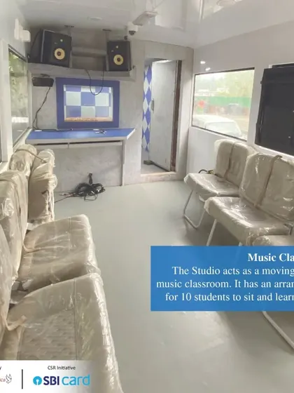 The interior of our Music Bus is a fully equipped music classroom and studio. It has seating for 10 students, allowing us to conduct intimate, high-quality workshops on the go.