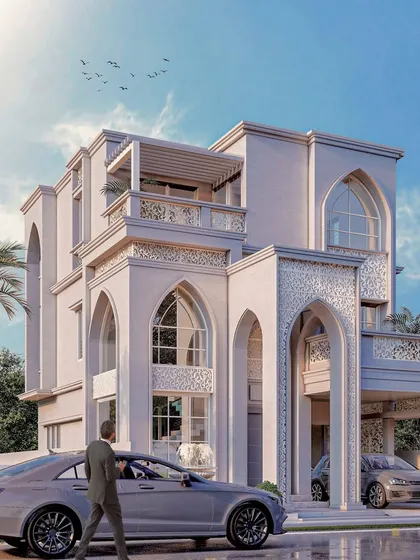 A corner view of the traditional Islamic-style residence. The design incorporates mashrabiya patterns, grand Islamic arches, and a neutral color palette to create a sense of privacy, symmetry, and spiritual elegance.