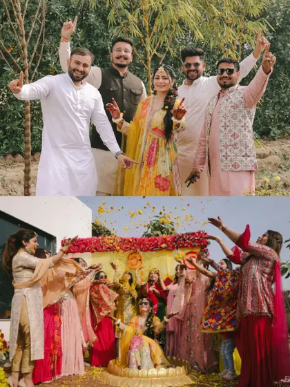 A collage showcasing the fun of the Haldi with friends and family, capturing both the boys' and girls' squads celebrating with the couple.